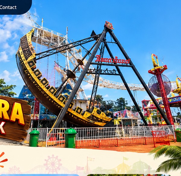 Large swinging pirate ship ride with A-frame support